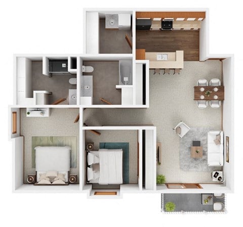 Floor plan for 2 beds, 2 baths, 1096 sqft